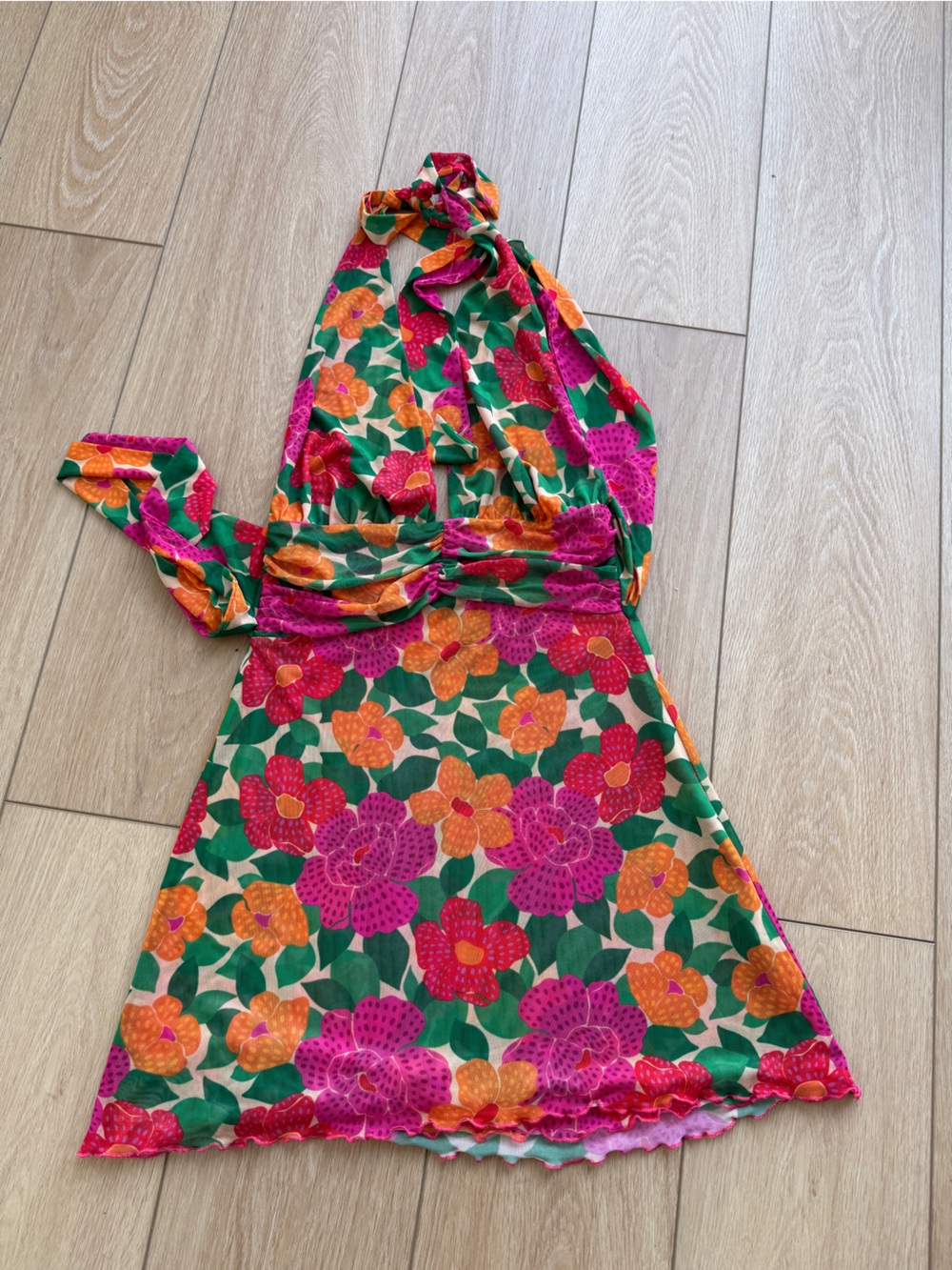 RESA Floral Halter Dress in Pink, Orange & Green